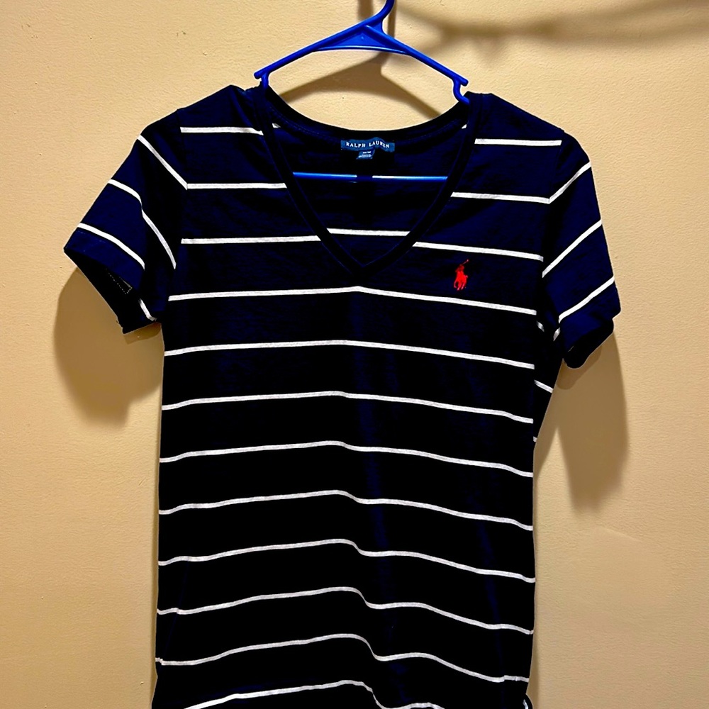 Authentic Ralph Lauren size M 100:/: cotton navey w white stripes v neck